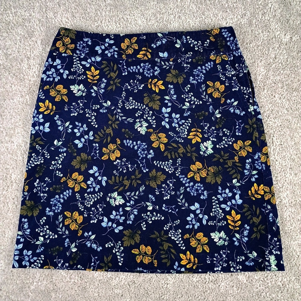 Talbots Womens Navy Corduroy Pencil Skirt Leaves Floral Pockets Side Zip Size 6